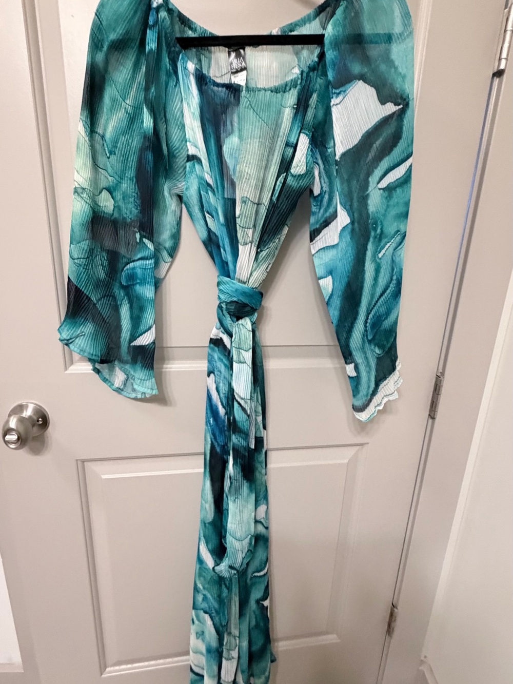 Teal Marble Print Sheer Tie-Front Top